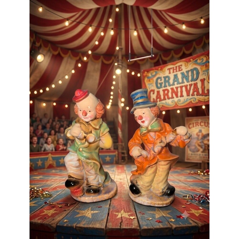 Two Vintage Ceramic Circus Clown Figurines 6 1/2” Tall  Greenbrier International